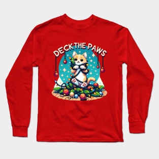 Deck The Paws Pixel  Christmas Cat Long Sleeve T-Shirt